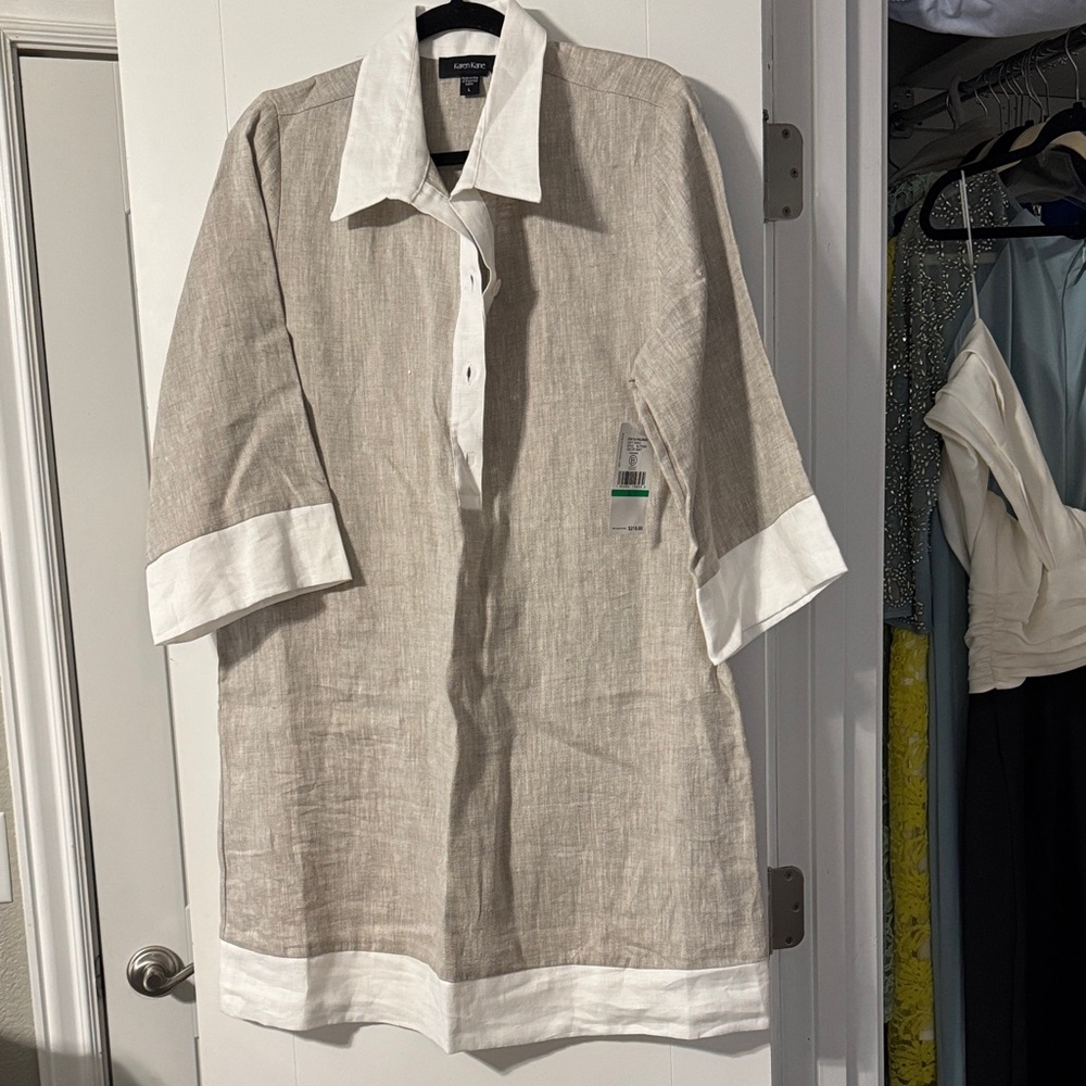 Karen Kane Beige Linen dress with White Accents